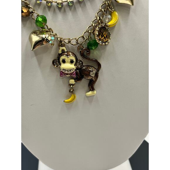 Betsey Johnson Two Strand Jungle Fever Enameled Monkey Crystal Charm Necklace - Picture 4 of 12